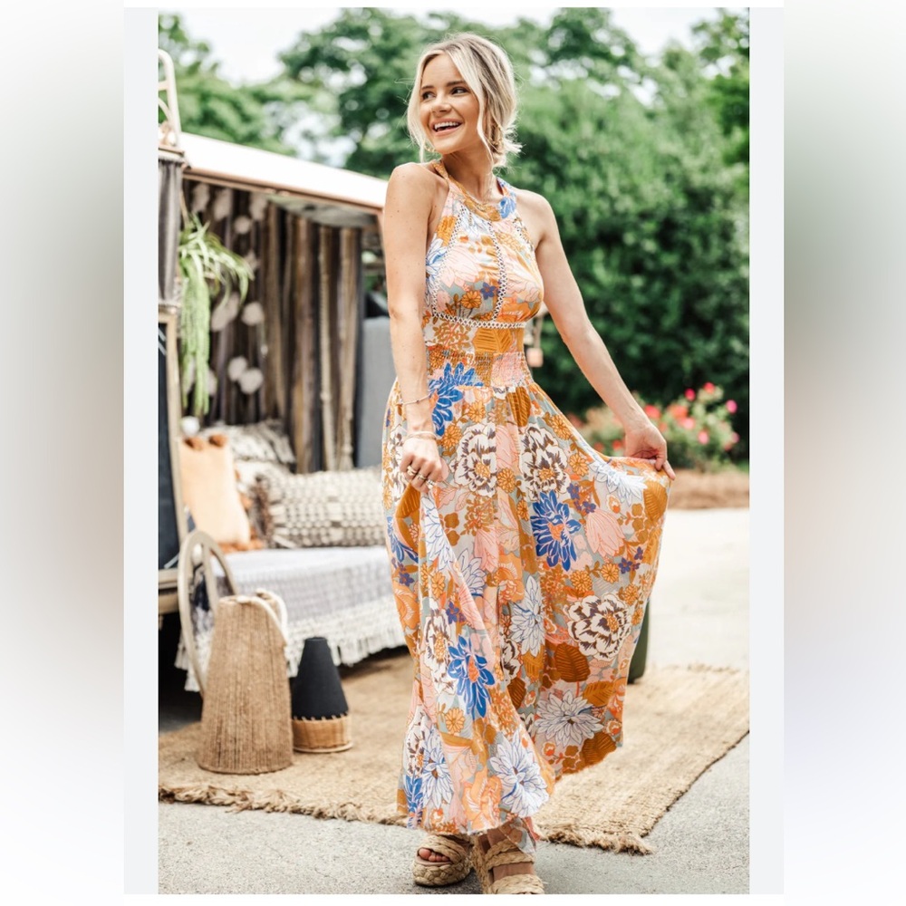 Petal & Pup Floral Maxi Dress - Orange and Blue